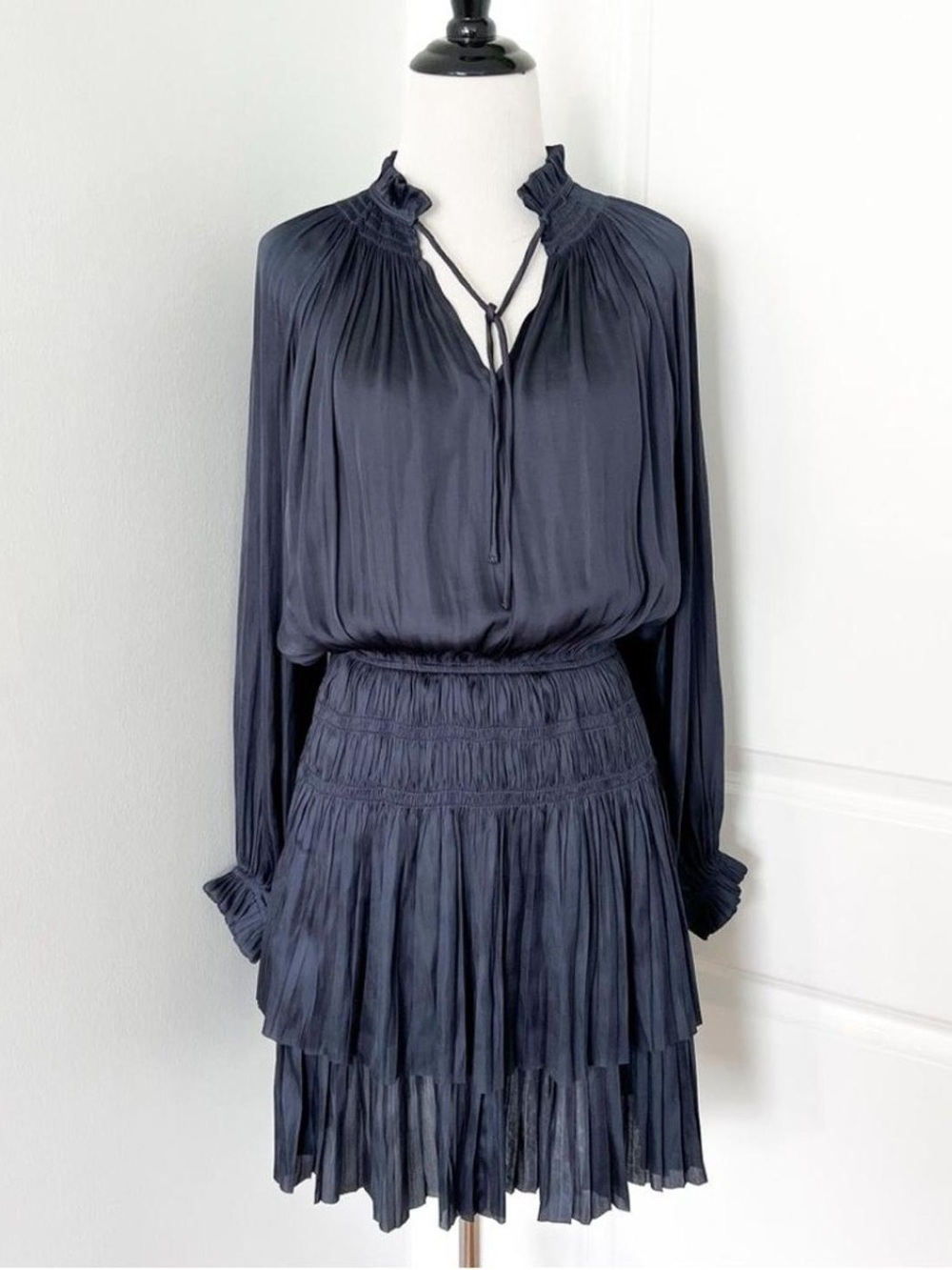 Mustard Seed Blue Satin Pleated Ruffle Dress | Medium